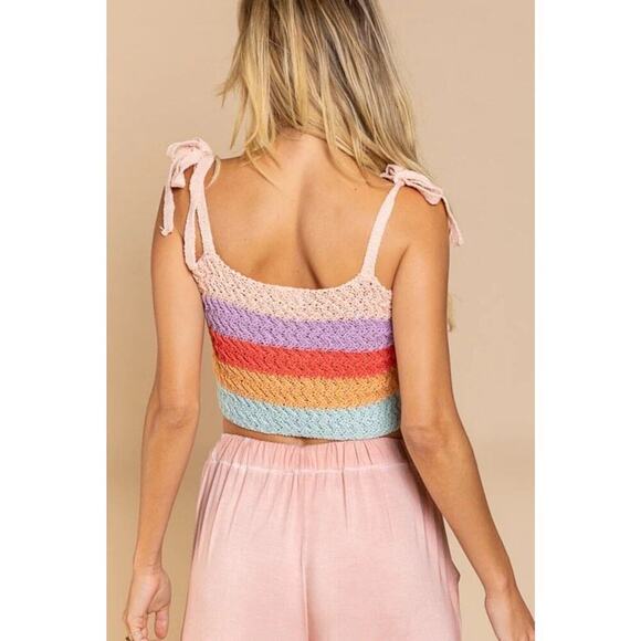 NWOT POL Tie-Shoulder Crochet Crop Top – Rainbow Stripes - Picture 3 of 9